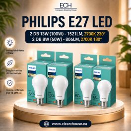   2 db Philips E27 LED 8W 806lm 2700K melegfehér 180° - 60W LED izzó és 2 db  Philips E27 LED 13W 1521lm 2700K melegfehér 230° - 100W LED izzó
