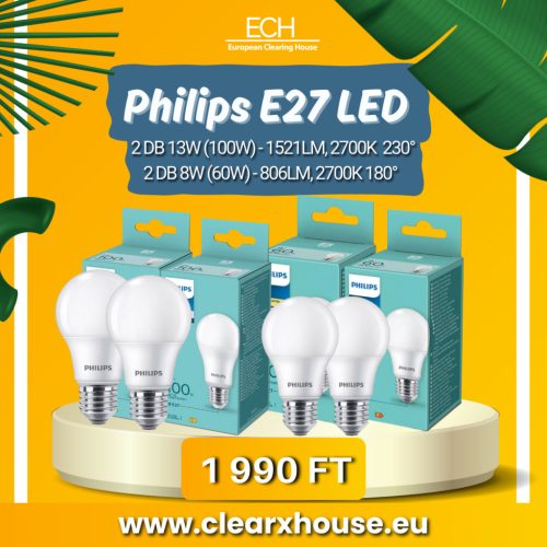 2 db Philips E27 LED 8W 806lm 2700K melegfehér 180° - 60W LED izzó és 2 db  Philips E27 LED 13W 1521lm 2700K melegfehér 230° - 100W LED izzó