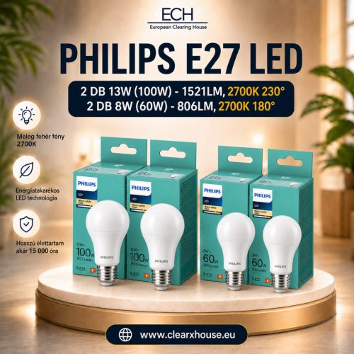 2 db Philips E27 LED 8W 806lm 2700K melegfehér 180° - 60W LED izzó és 2 db  Philips E27 LED 13W 1521lm 2700K melegfehér 230° - 100W LED izzó