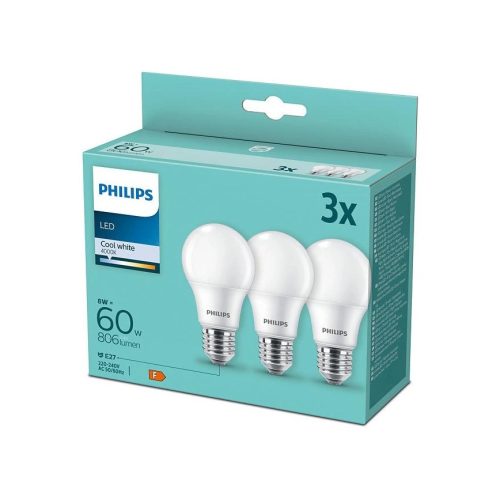 Philips E27 LED 8W 806lm 4000K természetes fehér 180° - 60W LED izzó (3 db-os csomag)
