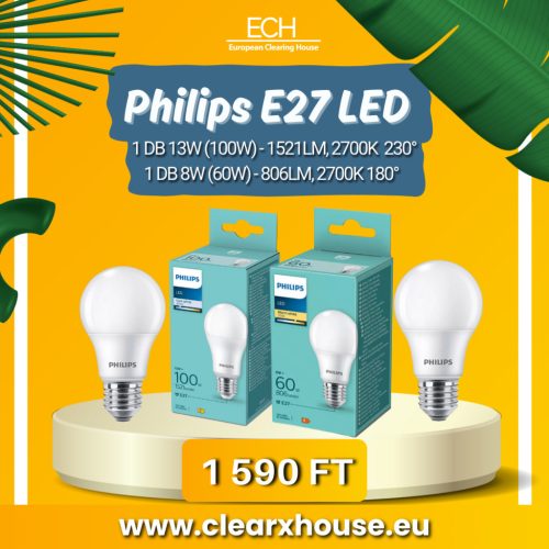1 db Philips E27 LED 8W 806lm 2700K melegfehér 180° - 60W LED izzó és 1 db  Philips E27 LED 13W 1521lm 2700K melegfehér 230° - 100W LED izzó